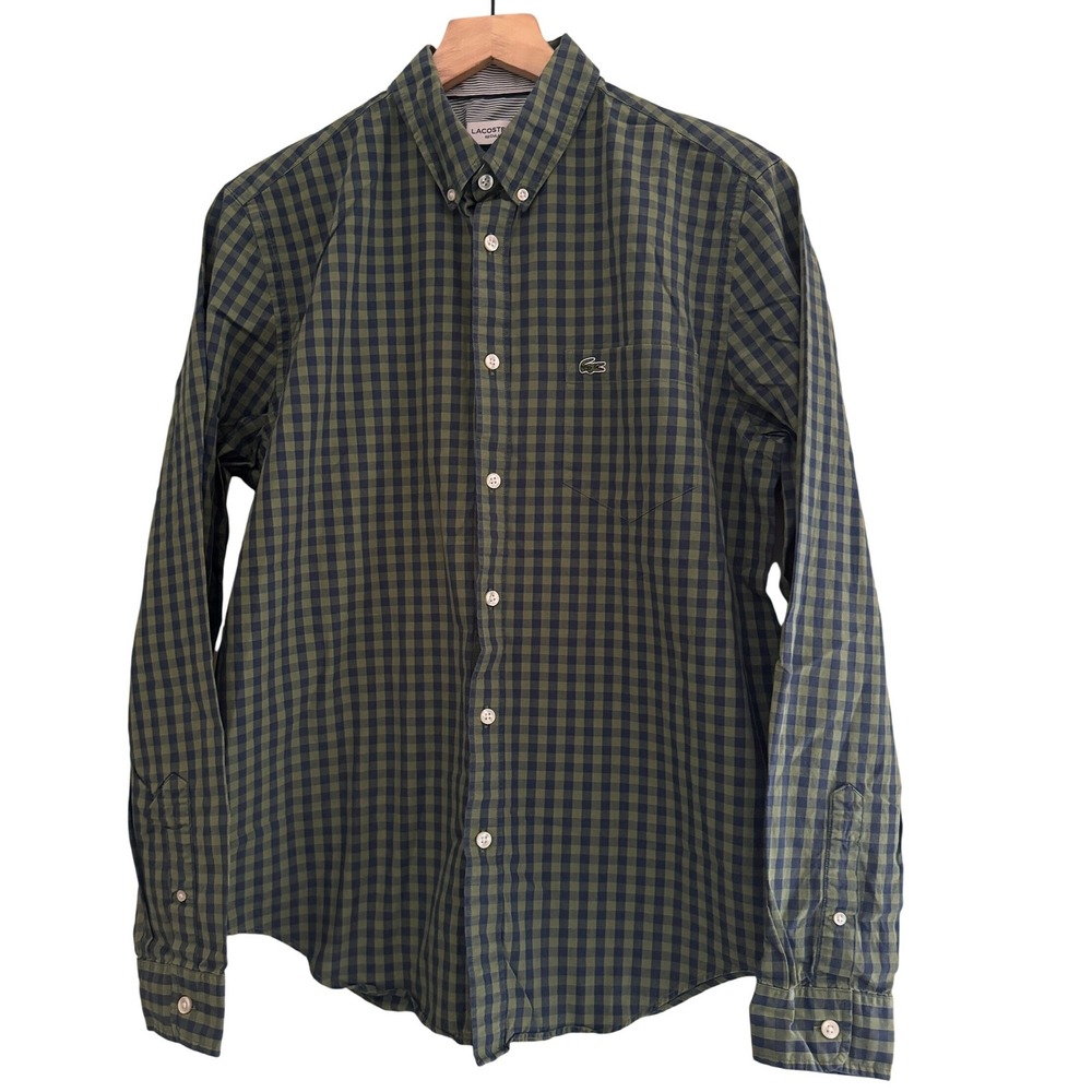 Lacoste Mens Regular‎ Fit Gingham Button Down Shirt Olive Green Navy Blue Size M